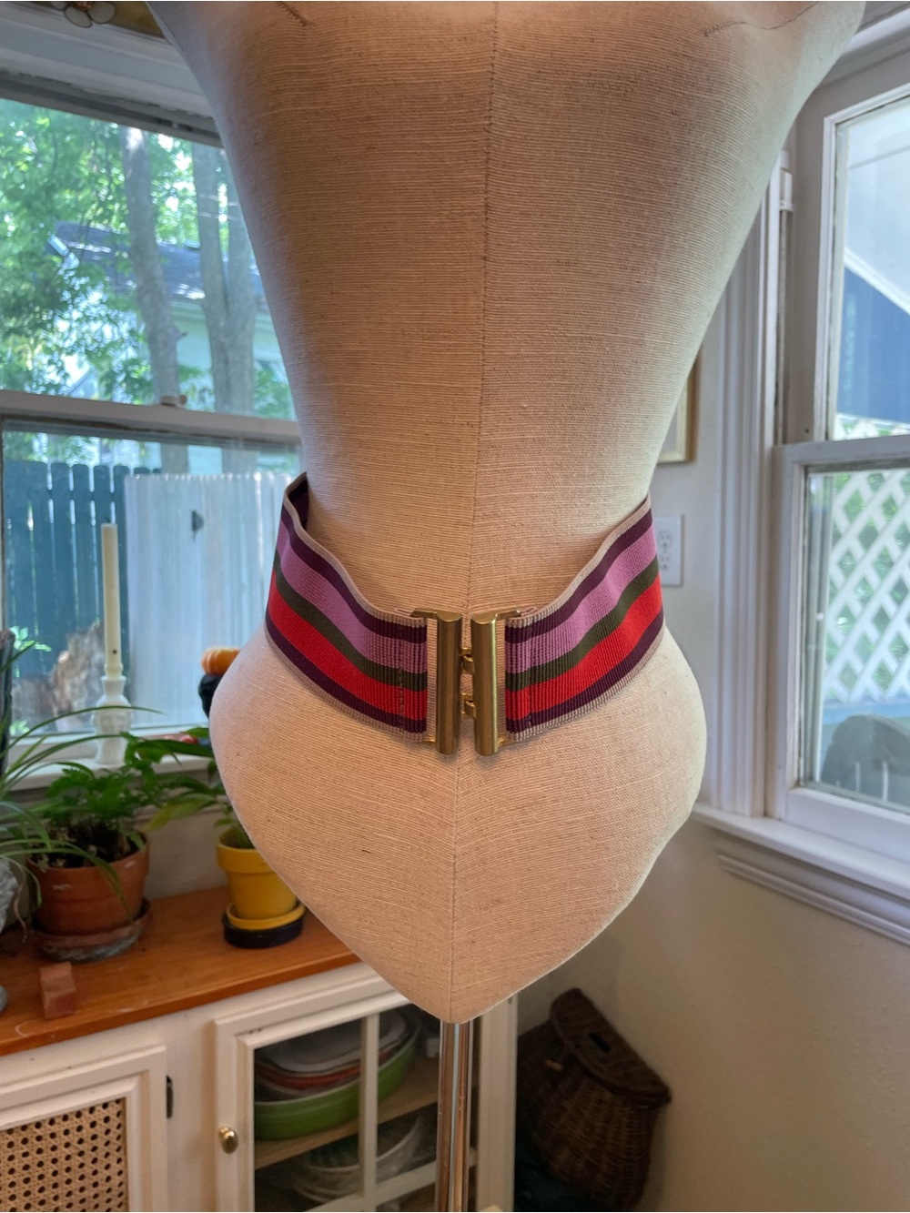Vintage Striped Elastic Waist Belt in Pink, Red, Green with Gold Buckle 26-28” - Picture 2 of 3